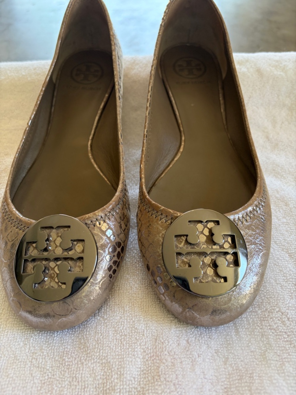 Tory Burch Shimmering Taupe Snake-Embossed Logo Flats